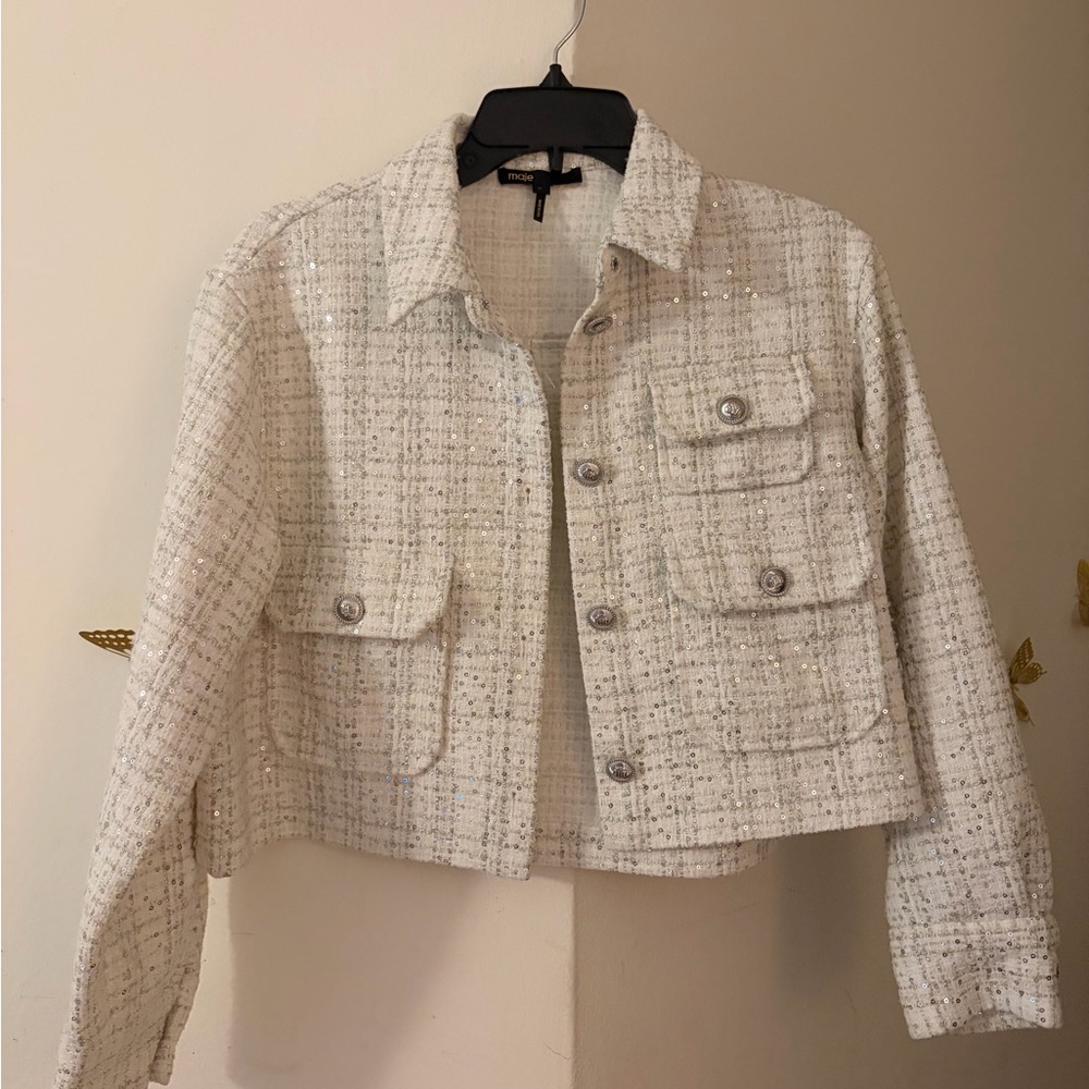 Maje Cream Tweed Cropped Jacket with Metallic Thread